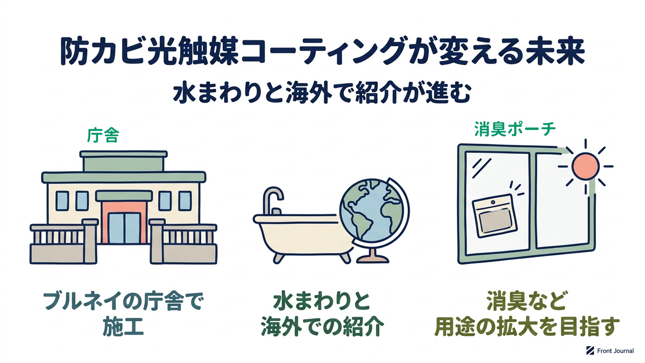 防カビ光触媒コーティングが変える未来|ブルネイの庁舎で施工/水まわりと海外で紹介/消臭ポーチなど用途の拡大