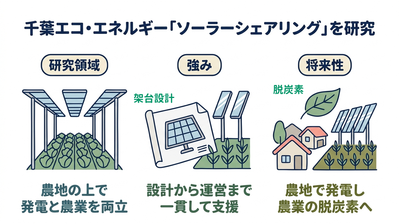 千葉エコ・エネルギー「ソーラーシェアリング」を研究｜研究領域=農地の上で発電と農業を両立／強み=設計から運営まで一貫して支援／将来性=農地で発電し農業の脱炭素へ