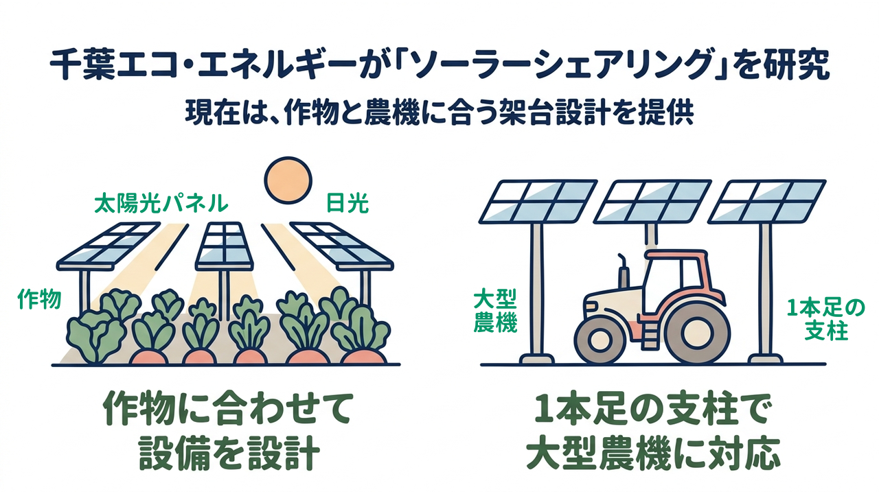 千葉エコ・エネルギーが「ソーラーシェアリング」を研究｜現在は、作物と農機に合う架台設計を提供／作物に合わせて設備を設計／1本足の支柱で大型農機に対応