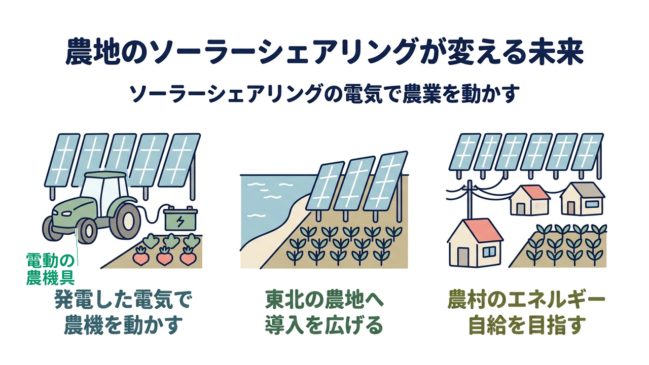 農地のソーラーシェアリングが変える未来｜ソーラーシェアリングの電気で農業を動かす／発電した電気で農機を動かす／東北の農地へ導入を広げる／農村のエネルギー自給を目指す