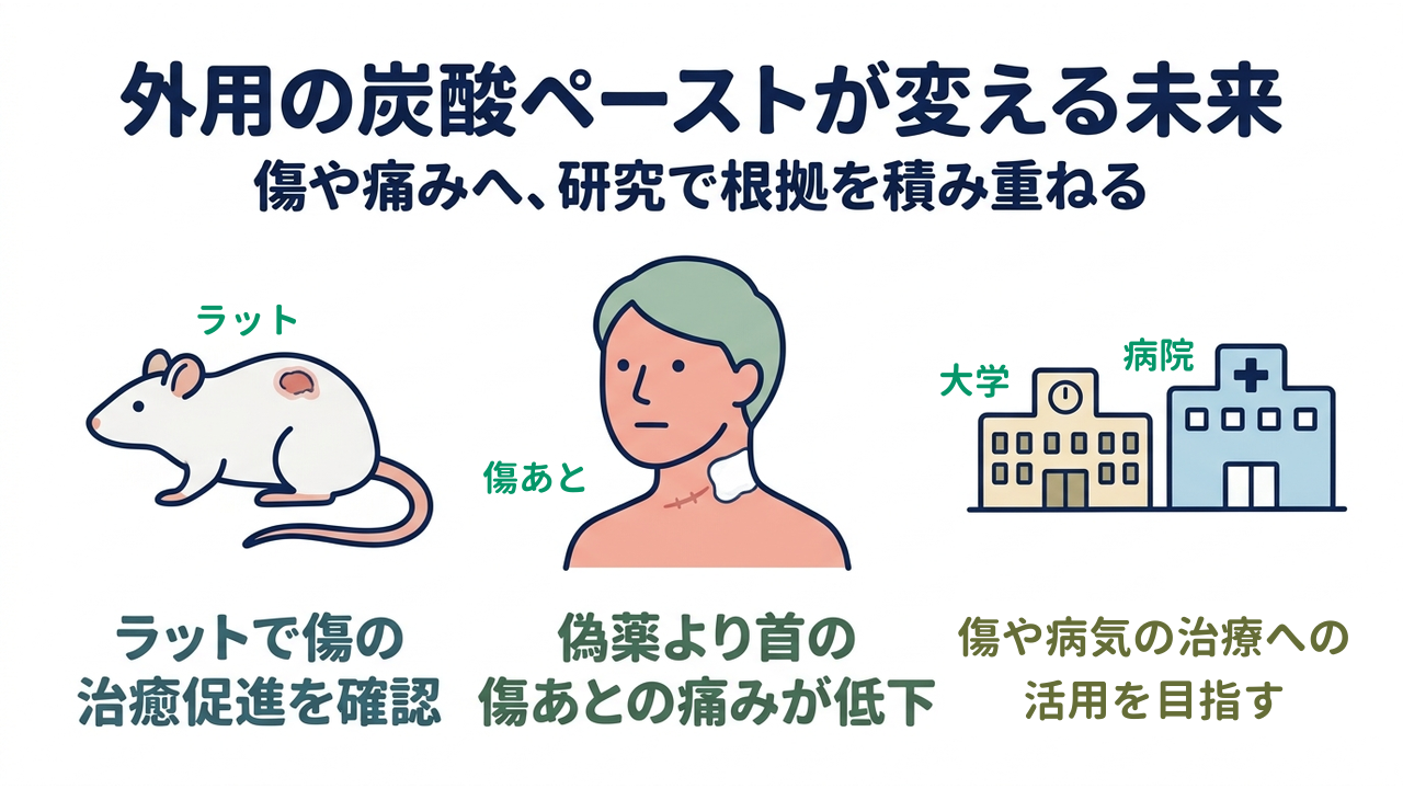外用の炭酸ペーストが変える未来｜傷や痛みへ、研究で根拠を積み重ねる／ラットで傷の治癒促進を確認／偽薬より首の傷あとの痛みが低下／傷や病気の治療への活用を目指す