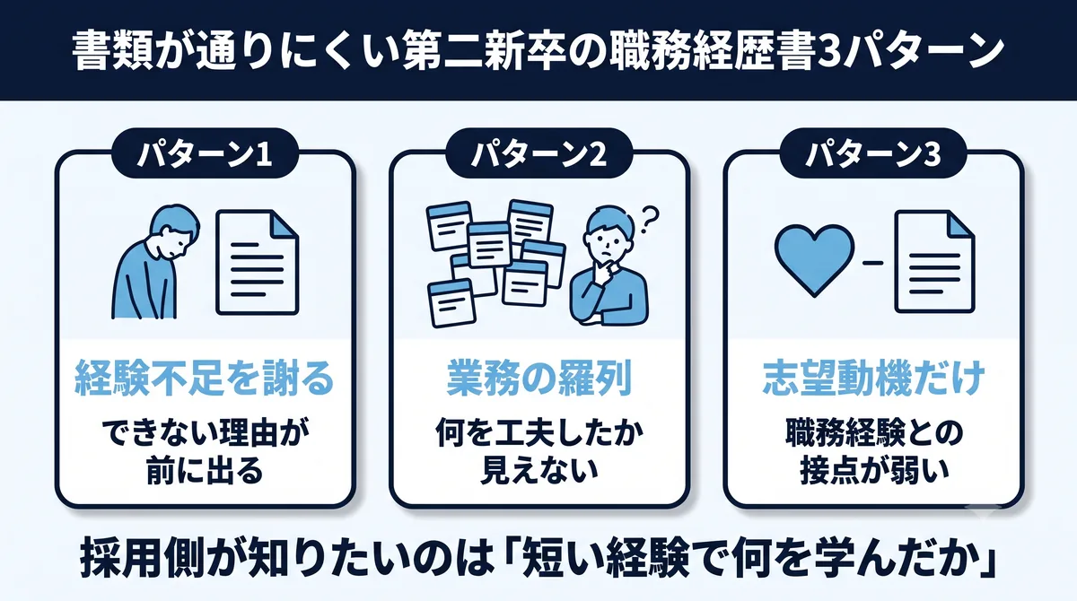 書類が通りにくい第二新卒の職務経歴書3パターン