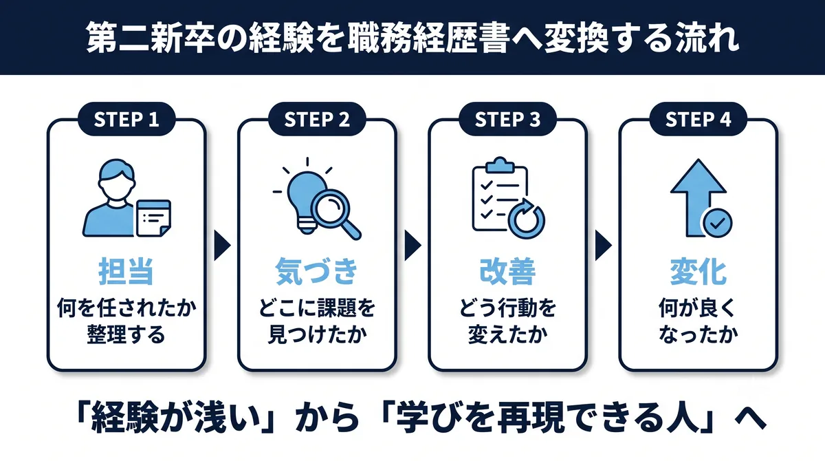 第二新卒の経験を職務経歴書へ変換する4つの流れ