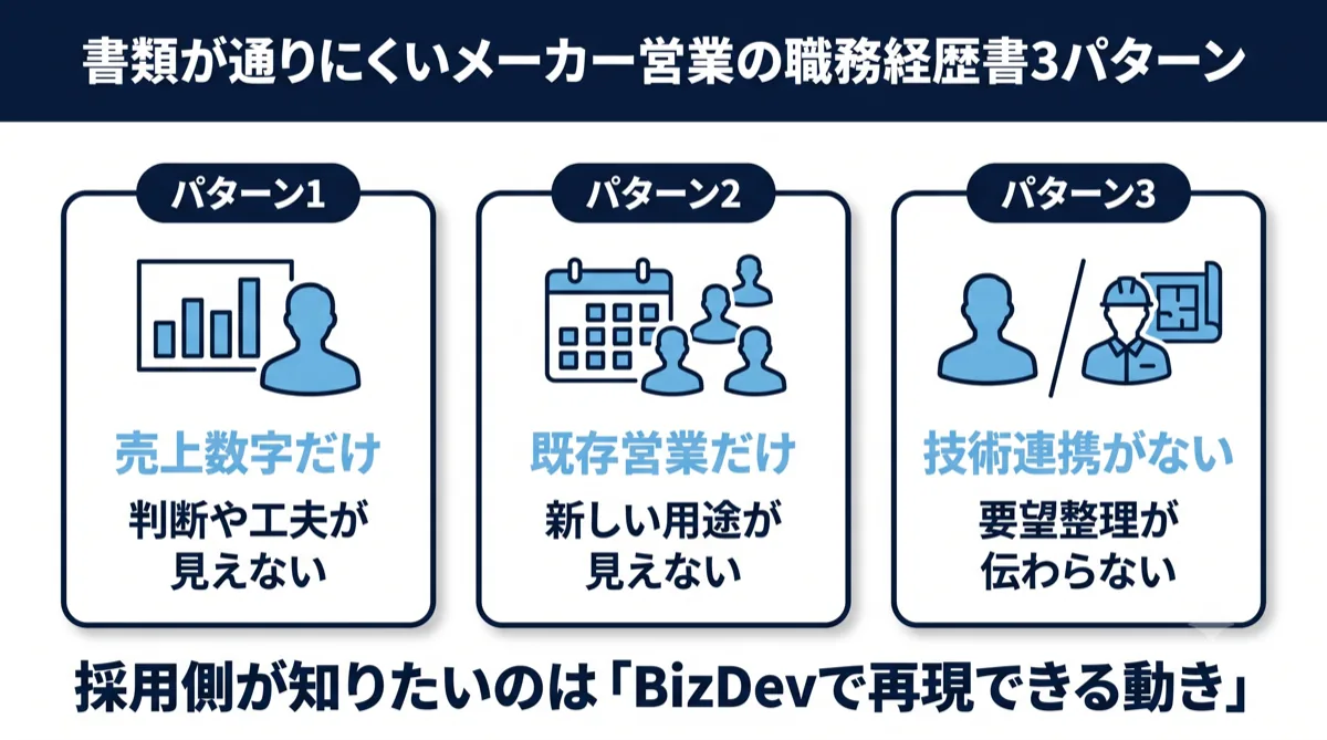 書類が通りにくいメーカー営業の職務経歴書3パターン
