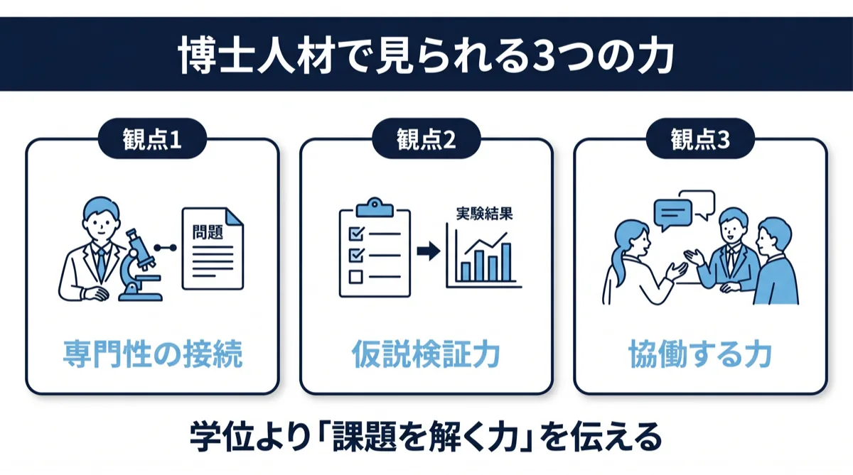 企業の採用側が博士人材の職務経歴書で見る3つのポイント（専門性の接続・仮説検証力・協働する力）
