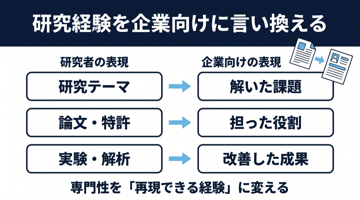 博士人材の研究業績を企業向けに言い換えるポイント（研究テーマ→解いた課題など）