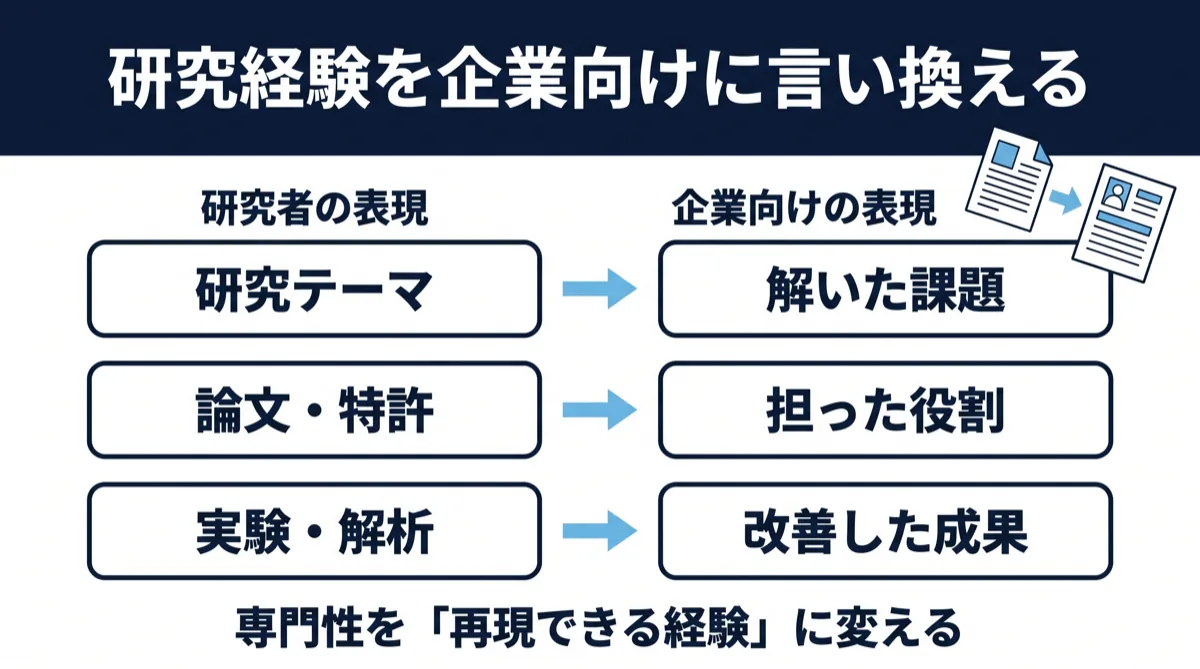 博士人材の研究業績を企業向けに言い換えるポイント（研究テーマ→解いた課題など）