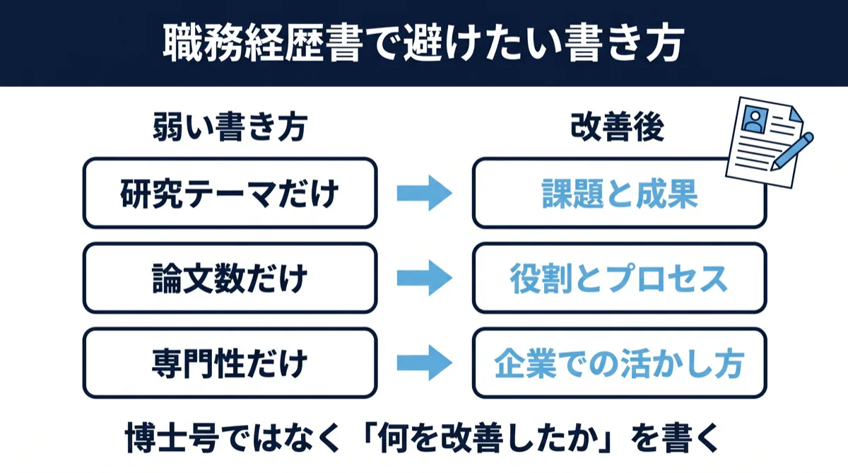 博士号取得者の職務経歴書NG例と改善例（学位ではなく何を改善したかを書く）