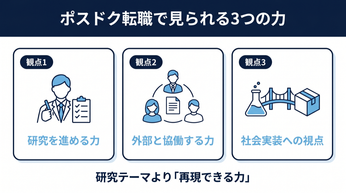 ポスドク転職で見られる3つの力（研究を進める力・外部と協働する力・社会実装への視点）