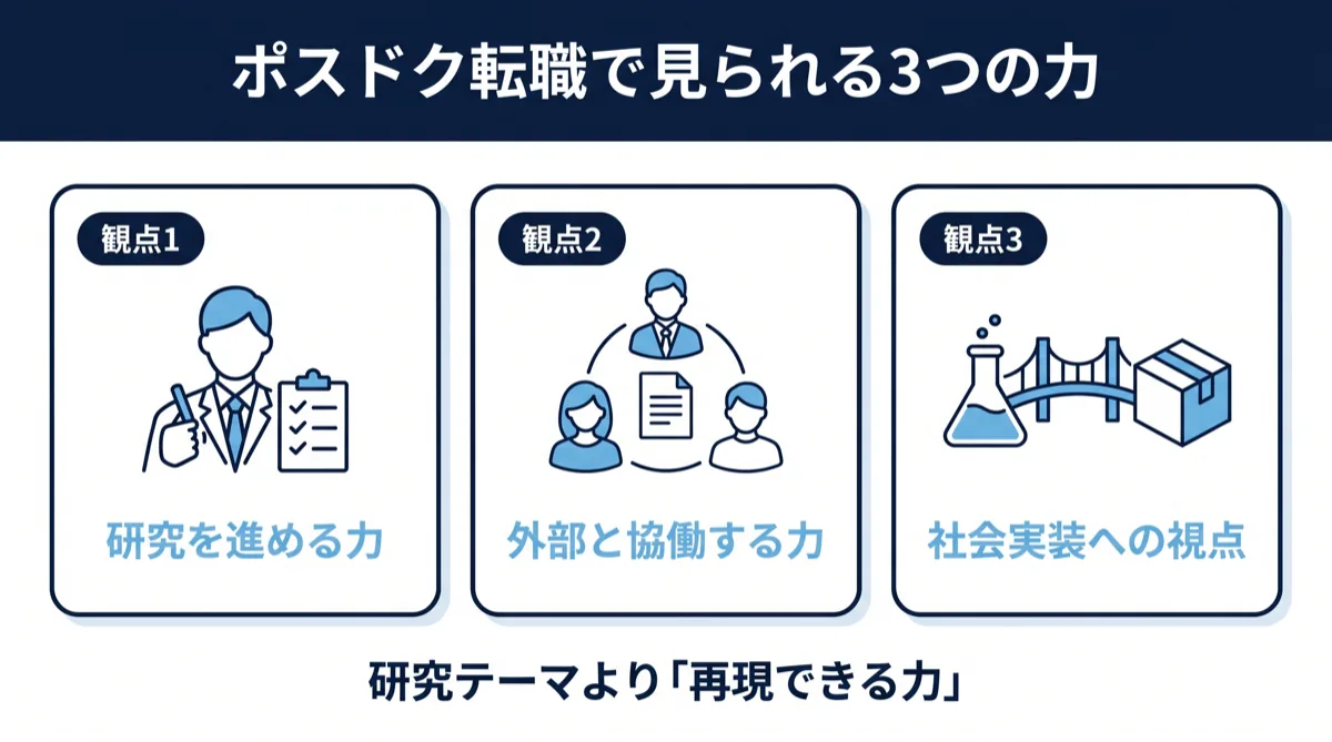 ポスドク転職で見られる3つの力（研究を進める力・外部と協働する力・社会実装への視点）