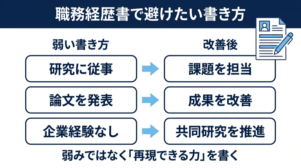 職務経歴書で避けたい書き方と改善例（弱みではなく再現できる力を書く）