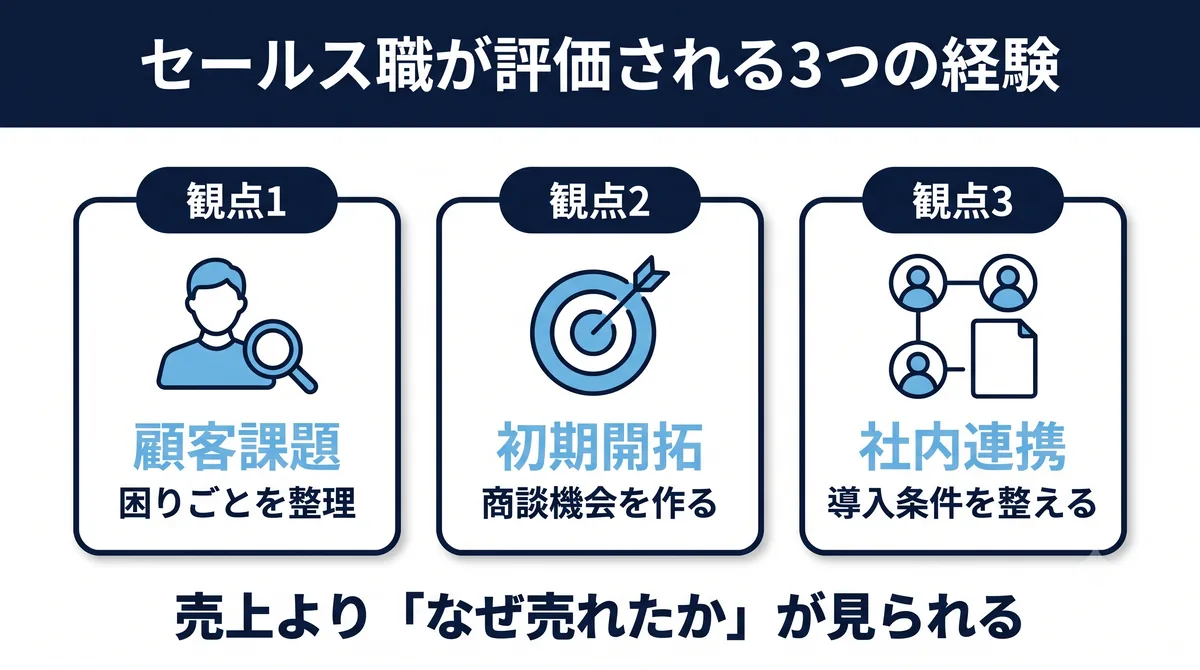 セールス職が評価される3つの経験（顧客課題／初期開拓／社内連携）