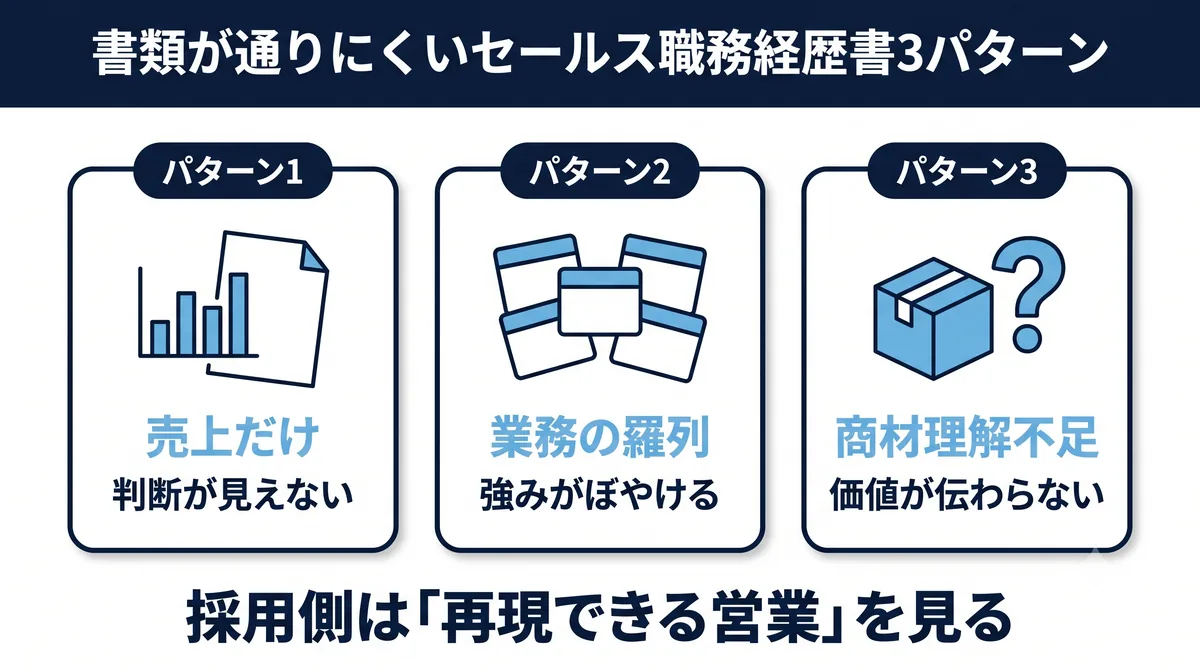 書類が通りにくいセールス職務経歴書3パターン（売上だけ／業務の羅列／商材理解不足）