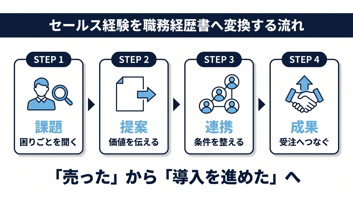 セールス経験を職務経歴書へ変換する4ステップ：課題・提案・連携・成果