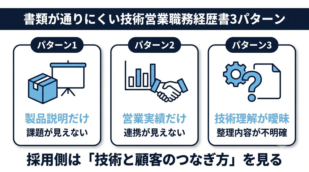 書類が通りにくい技術営業職務経歴書3パターン（製品説明だけ／営業実績だけ／技術理解が曖昧）