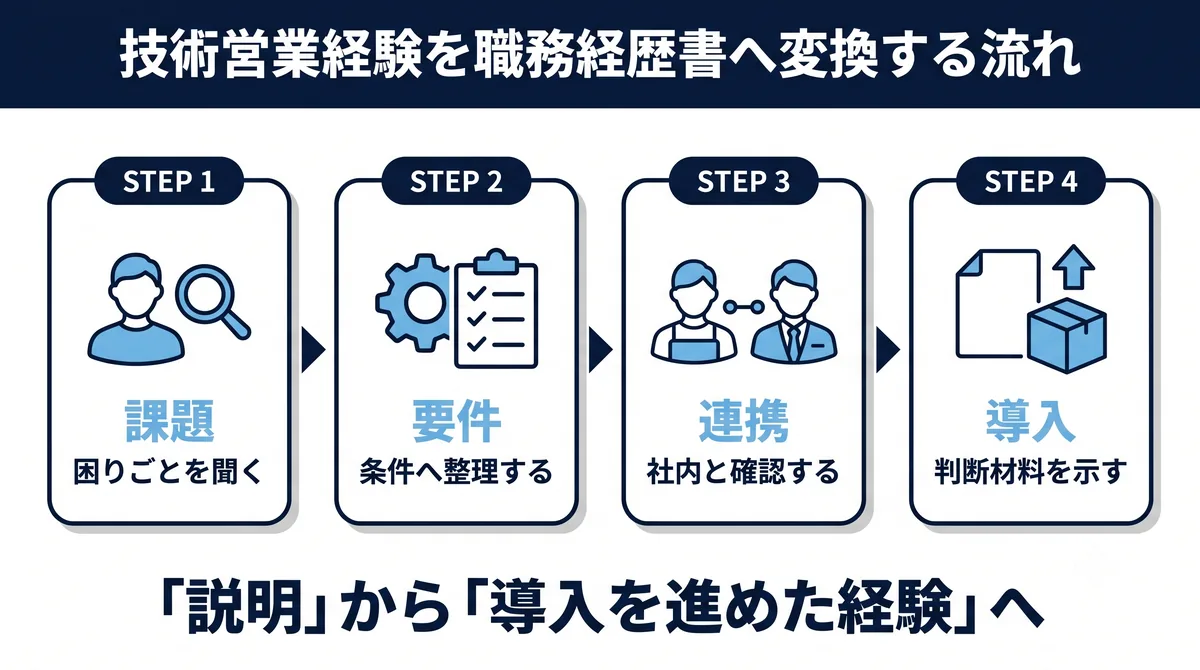 技術営業経験を職務経歴書へ変換する流れ：課題・要件・連携・導入