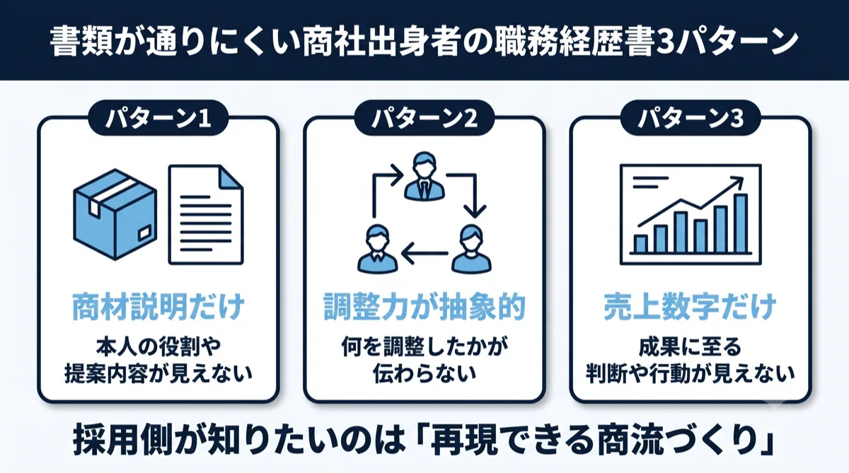 書類が通りにくい商社出身者の職務経歴書3パターン