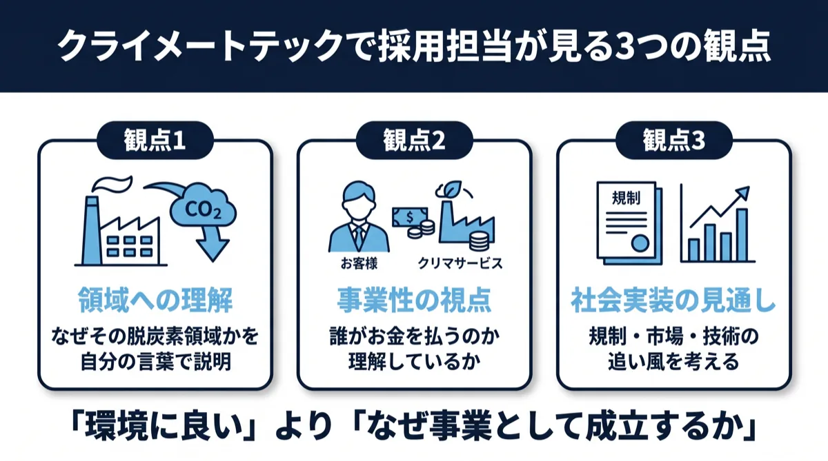 クライメートテック企業の採用担当者が面接で問う視点：なぜその領域か・なぜその企業か・社会実装の見通し