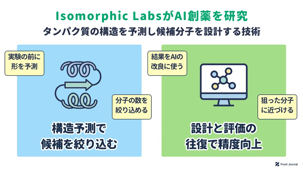 AI創薬の仕組みを示す図。タンパク質の立体構造を予測して候補分子を絞り込み、設計と評価を繰り返して精度を高める