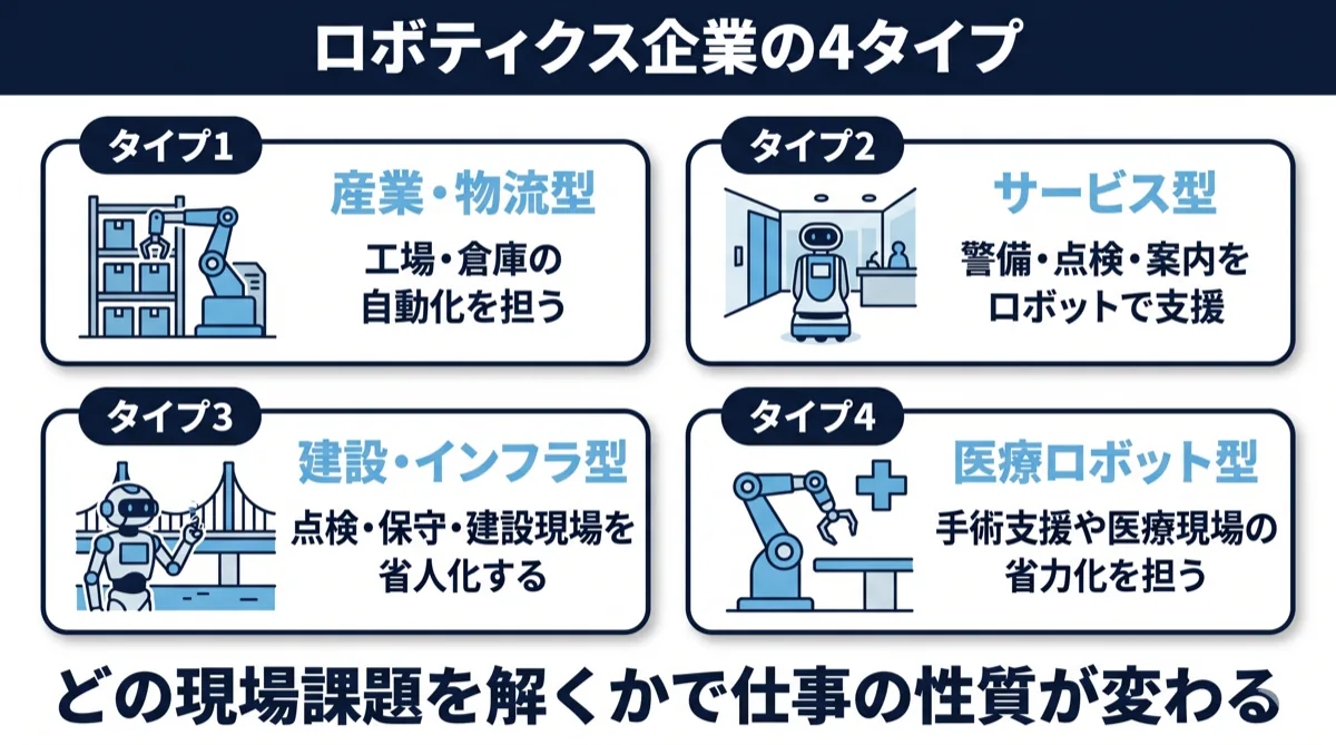 ロボティクス企業のタイプ別分類：産業・物流型／サービス型／建設インフラ型／医療型