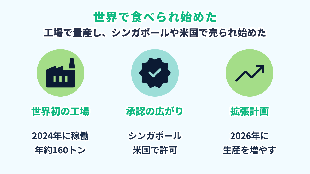 Soleinの実用化の現在地の図。2024年にフィンランドで世界初の商業工場Factory 01が稼働し、シンガポールで承認、米国で事業開始、EUでも承認を目指している