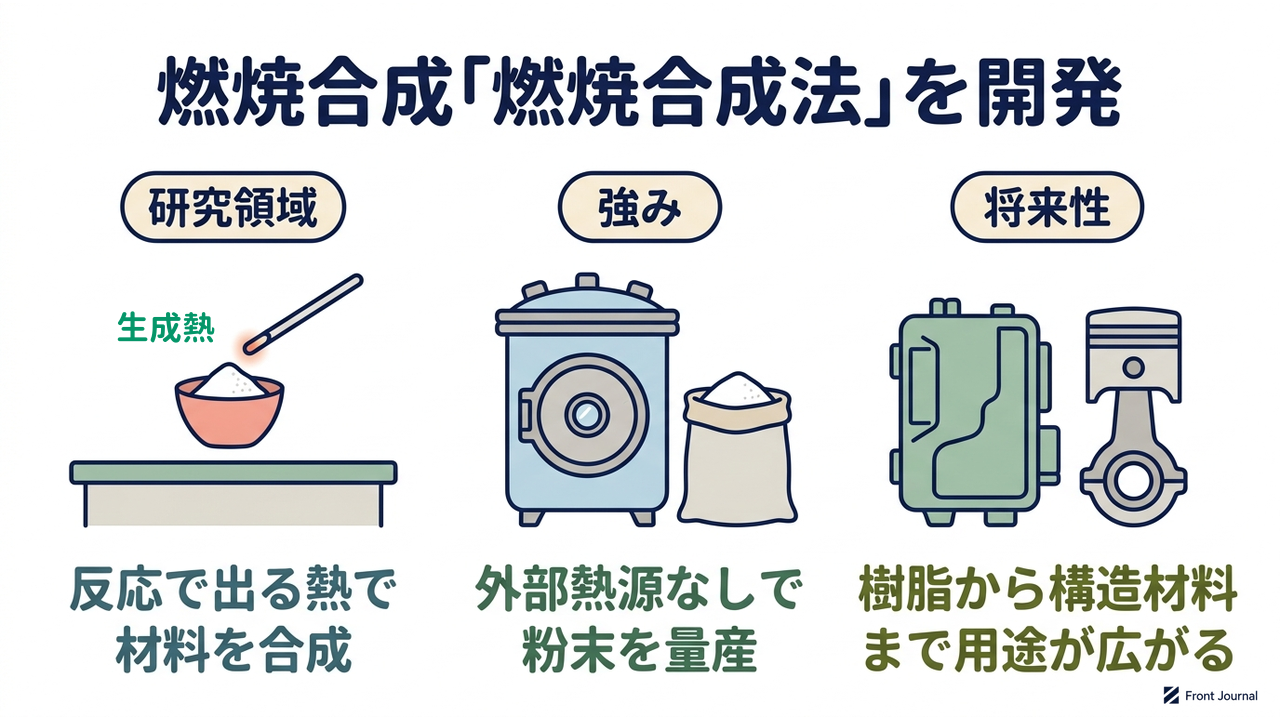 燃焼合成「燃焼合成法」を開発|研究領域=反応で出る熱で・材料を合成/強み=外部熱源なしで・粉末を量産/将来性=樹脂から構造材料・まで用途が広がる