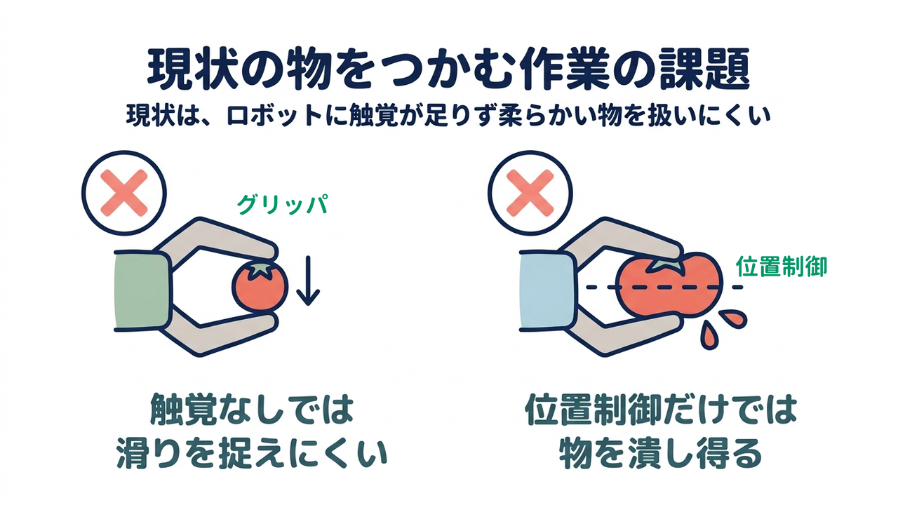 現状の物をつかむ作業の課題｜現状は、ロボットに触覚が足りず柔らかい物を扱いにくい／触覚なしでは滑りを捉えにくい／位置制御だけでは物を潰し得る