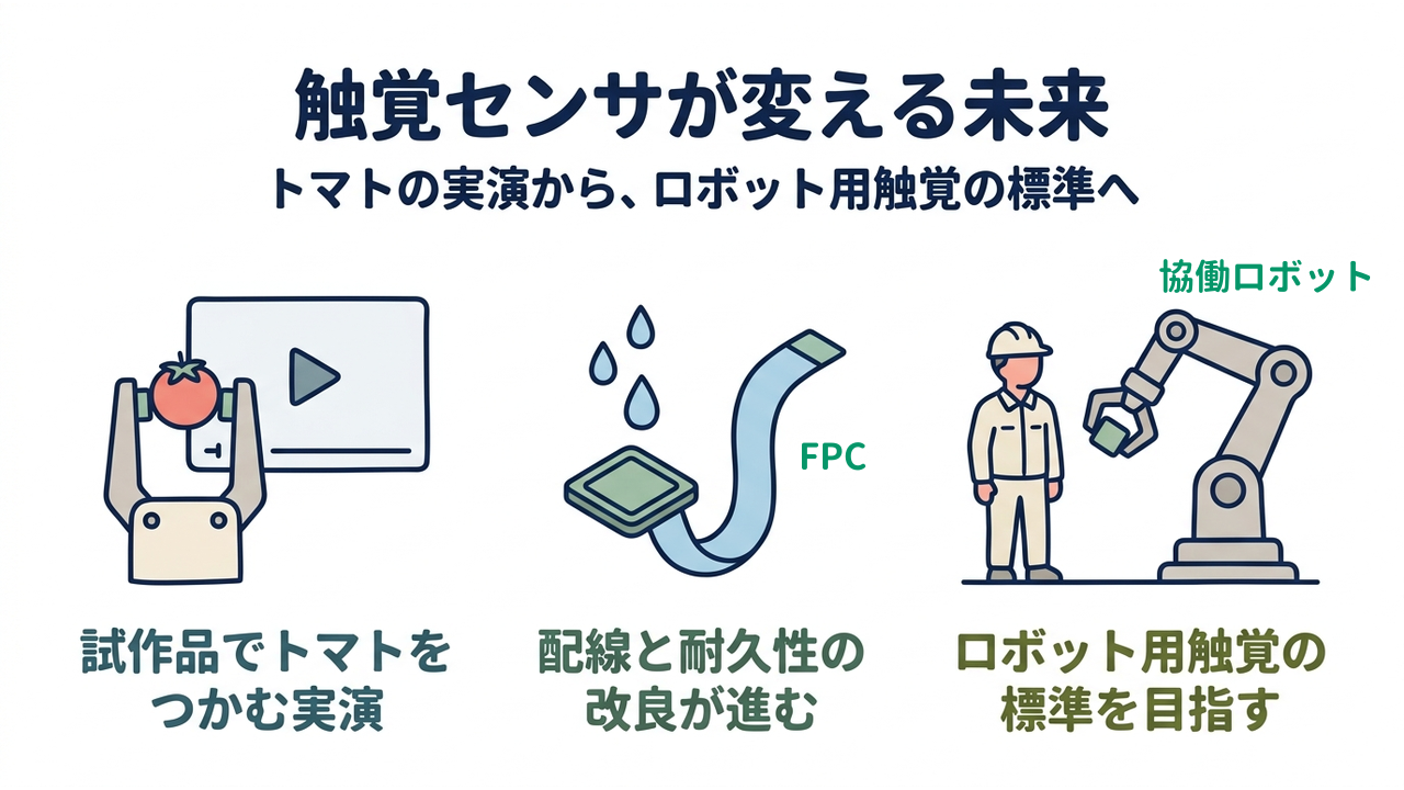 触覚センサが変える未来｜トマトの実演から、ロボット用触覚の標準へ／試作品でトマトをつかむ実演／配線と耐久性の改良が進む／ロボット用触覚の標準を目指す