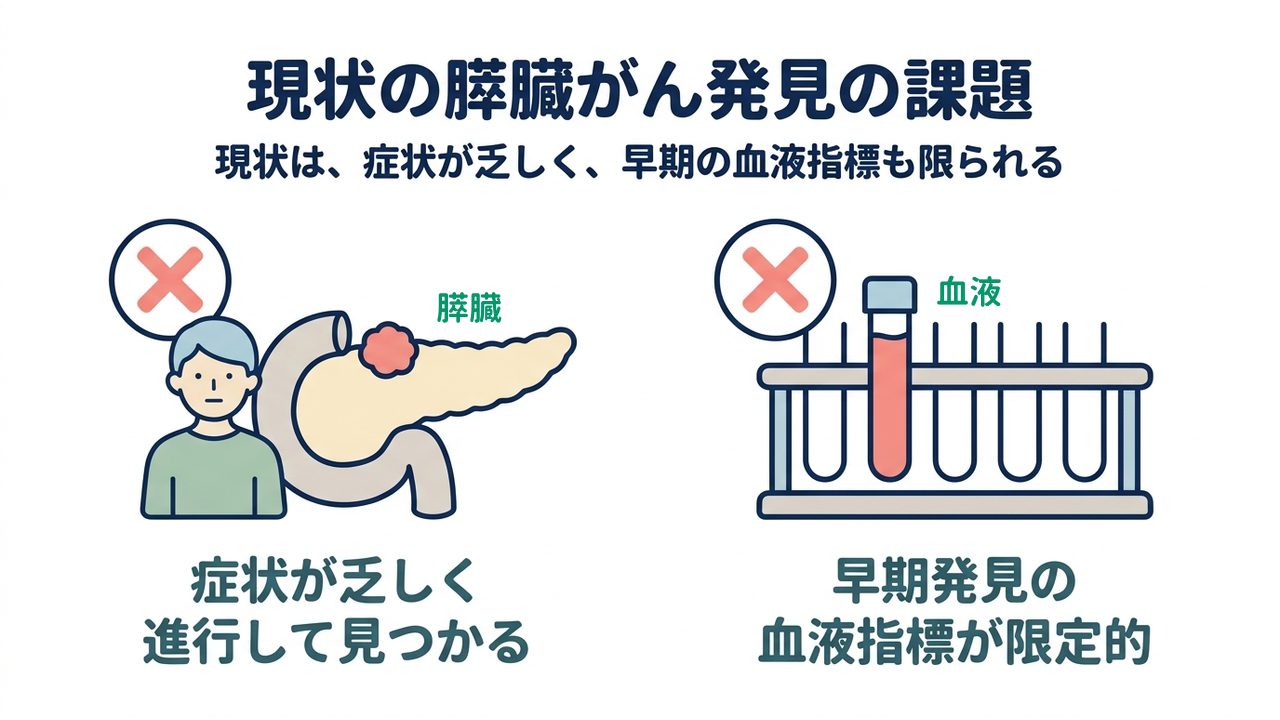 現状の膵臓がん発見の課題|現状は、症状が乏しく、早期の血液指標も限られる|症状が乏しく・進行して見つかる/早期発見の・血液指標が限定的