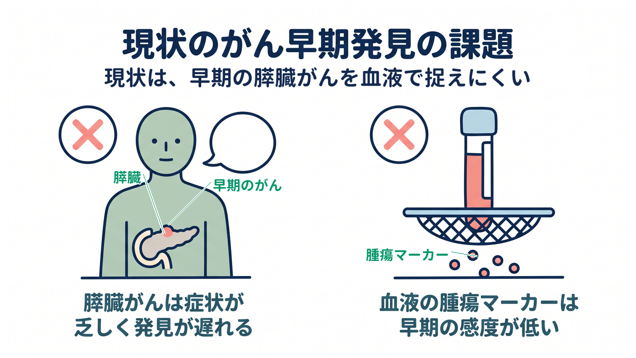 現状のがん早期発見の課題｜現状は早期の膵臓がんを血液で捉えにくい／膵臓がんは症状が乏しく発見が遅れる／血液の腫瘍マーカーは早期の感度が低い