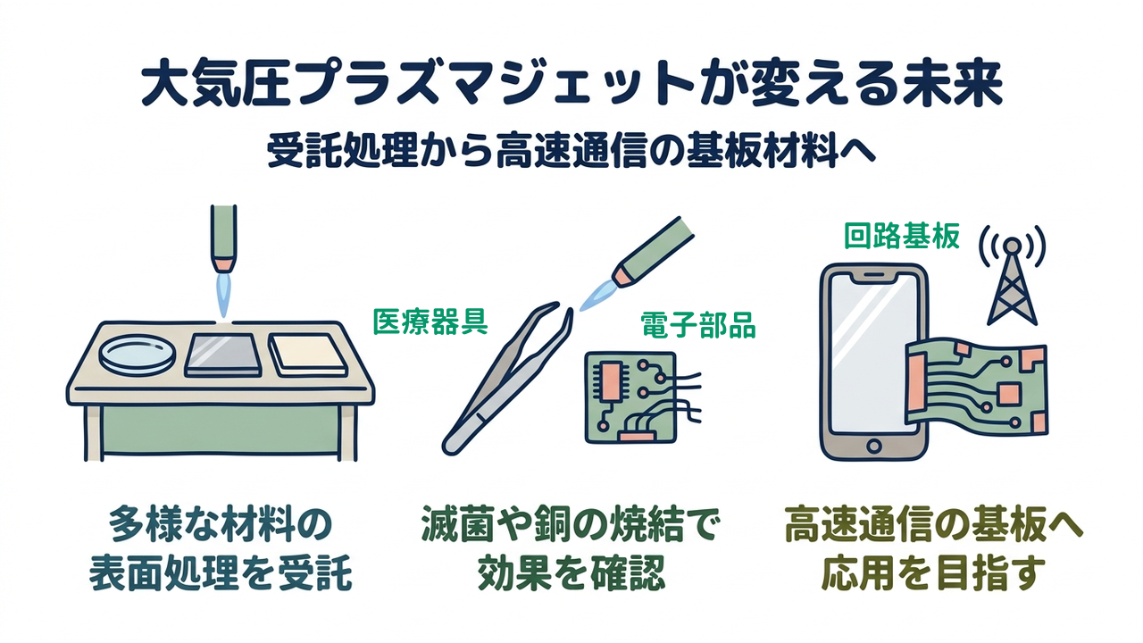 大気圧プラズマジェットが変える未来|受託処理から高速通信の基板材料へ|多様な材料の・表面処理を受託/滅菌や銅の焼結で・効果を確認/高速通信の基板へ・応用を目指す