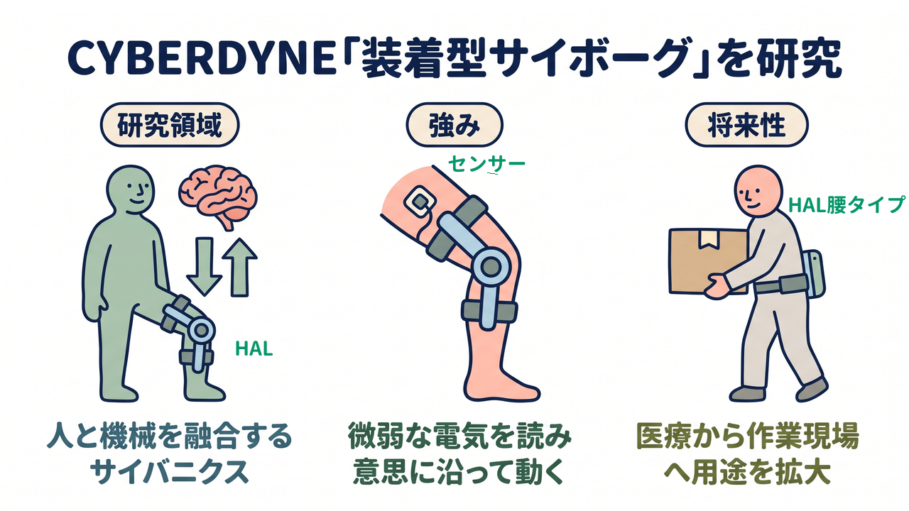 CYBERDYNE「装着型サイボーグ」を研究|研究領域=人と機械を融合するサイバニクス/強み=微弱な電気を読み意思に沿って動く/将来性=医療から作業現場へ用途を拡大