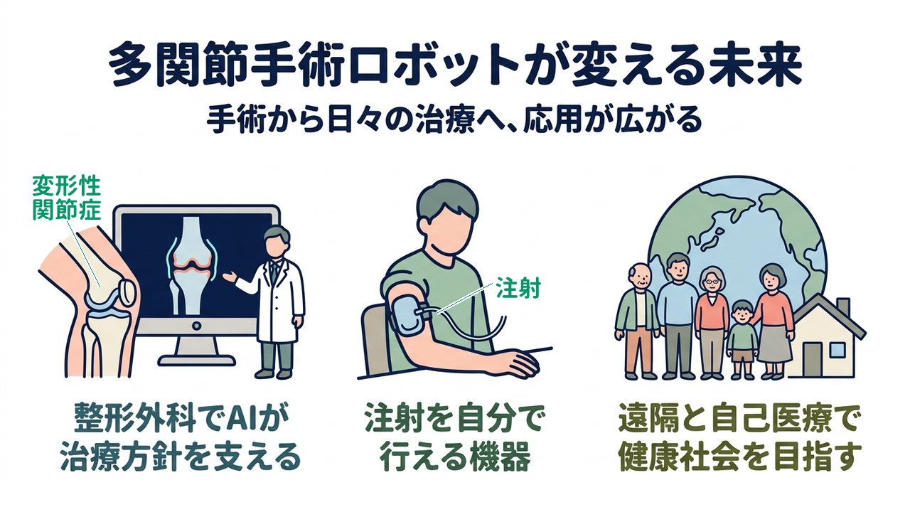 多関節手術ロボットが変える未来|手術から日々の治療へ、応用が広がる|整形外科でAIが・治療方針を支える/注射を自分で・行える機器/遠隔と自己医療で・健康社会を目指す