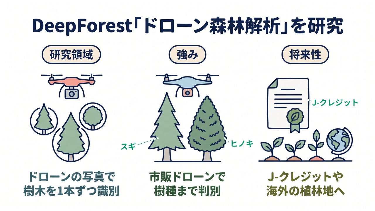 DeepForest「ドローン森林解析」を研究|研究領域=ドローンの写真で・樹木を1本ずつ識別/強み=市販ドローンで・樹種まで判別/将来性=J-クレジットや・海外の植林地へ
