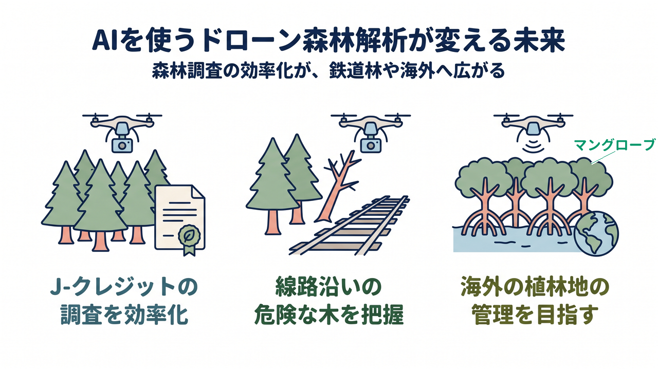 AIを使うドローン森林解析が変える未来|森林調査の効率化が、鉄道林や海外へ広がる|J-クレジットの・調査を効率化/線路沿いの・危険な木を把握/海外の植林地の・管理を目指す