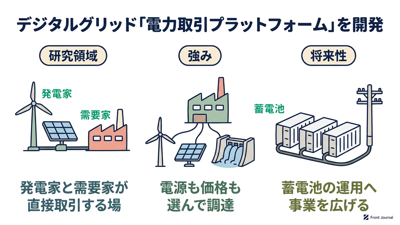 デジタルグリッド「電力取引プラットフォーム」を開発｜研究領域=発電家と需要家が・直接取引する場／強み=電源も価格も・選んで調達／将来性=蓄電池の運用へ・事業を広げる
