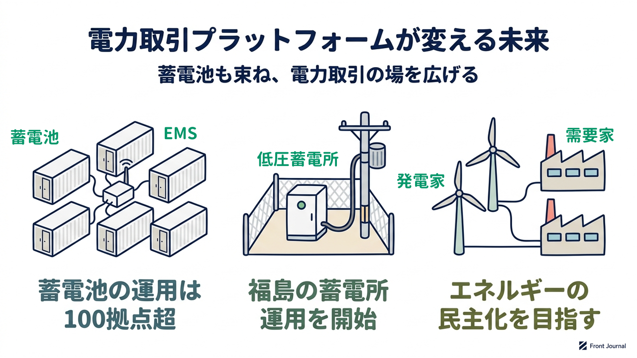 電力取引プラットフォームが変える未来｜蓄電池も束ね、電力取引の場を広げる｜蓄電池の運用は・100拠点超／福島の蓄電所・運用を開始／エネルギーの・民主化を目指す