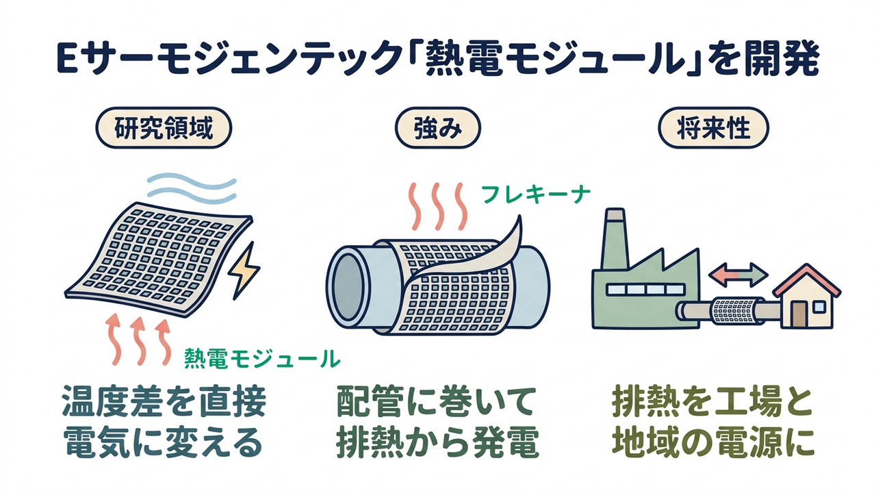 Eサーモジェンテック「熱電モジュール」を開発｜研究領域=温度差を直接電気に変える／強み=配管に巻いて排熱から発電／将来性=排熱を工場と地域の電源に