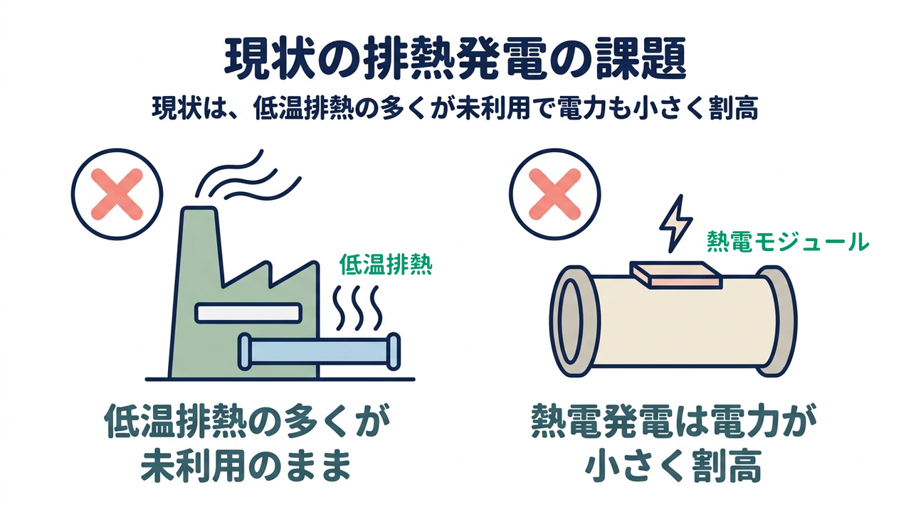 現状の排熱発電の課題｜現状は、低温排熱の多くが未利用で電力も小さく割高／低温排熱の多くが未利用のまま／熱電発電は電力が小さく割高