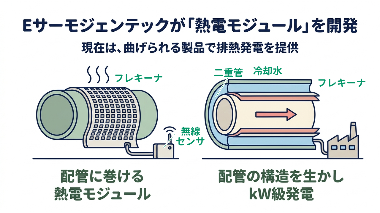 Eサーモジェンテックが「熱電モジュール」を開発｜現在は、曲げられる製品で排熱発電を提供／配管に巻ける熱電モジュール／配管の構造を生かしkW級発電
