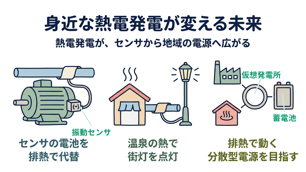 身近な熱電発電が変える未来｜熱電発電が、センサから地域の電源へ広がる／センサの電池を排熱で代替／温泉の熱で街灯を点灯／排熱で動く分散型電源を目指す