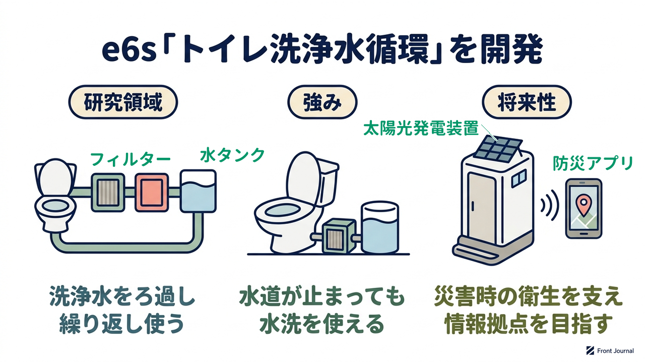 e6s「トイレ洗浄水循環」を開発|研究領域=洗浄水をろ過し繰り返し使う/強み=水道が止まっても水洗を使える/将来性=災害時の衛生を支え情報拠点を目指す
