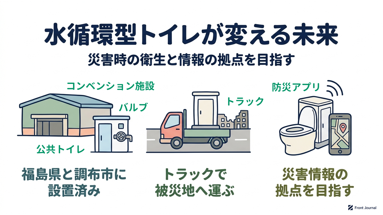 水循環型トイレが変える未来|災害時の衛生と情報の拠点を目指す/福島県と調布市に設置済み/トラックで被災地へ運ぶ/災害情報の拠点を目指す