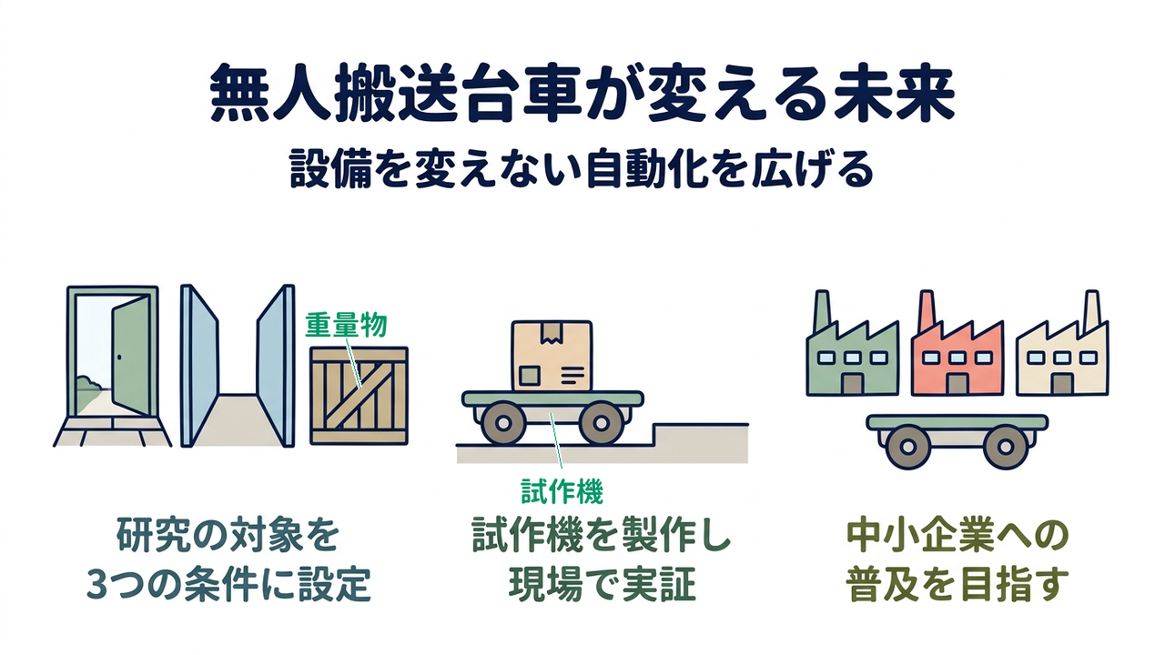無人搬送台車が変える未来|設備を変えない自動化を広げる|研究の対象を・3つの条件に設定/試作機を製作し・現場で実証/中小企業への・普及を目指す