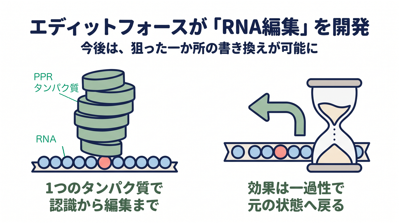 エディットフォースが「RNA編集」を開発｜今後は、狙った一か所の書き換えが可能に／1つのタンパク質で／認識から編集まで／効果は一過性で／元の状態へ戻る