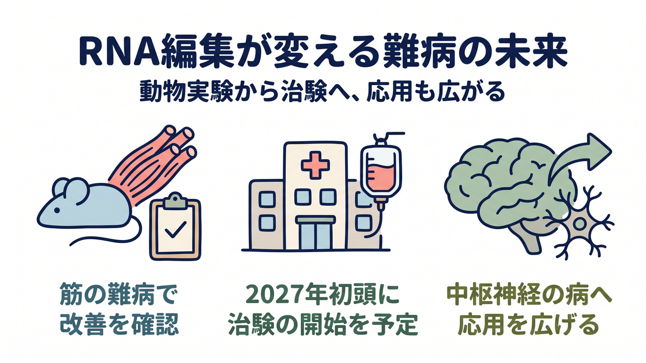 RNA編集が変える難病の未来｜動物実験から治験へ、応用も広がる／筋の難病で／改善を確認／2027年初頭に／治験の開始を予定／中枢神経の病へ／応用を広げる