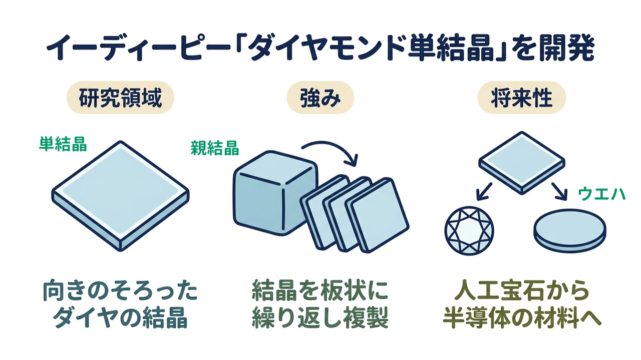 イーディーピー「ダイヤモンド単結晶」を開発|研究領域=向きのそろったダイヤの結晶/強み=結晶を板状に繰り返し複製/将来性=人工宝石から半導体の材料へ