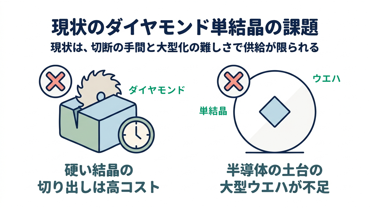現状のダイヤモンド単結晶の課題|現状は、切断の手間と大型化の難しさで供給が限られる/硬い結晶の切り出しは高コスト/半導体の土台の大型ウエハが不足