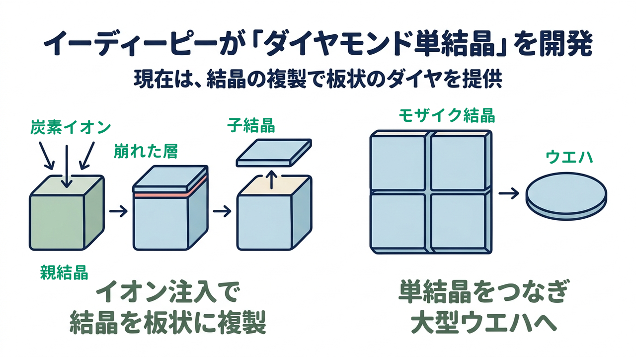 イーディーピーが「ダイヤモンド単結晶」を開発|現在は、結晶の複製で板状のダイヤを提供/イオン注入で結晶を板状に複製/単結晶をつなぎ大型ウエハへ