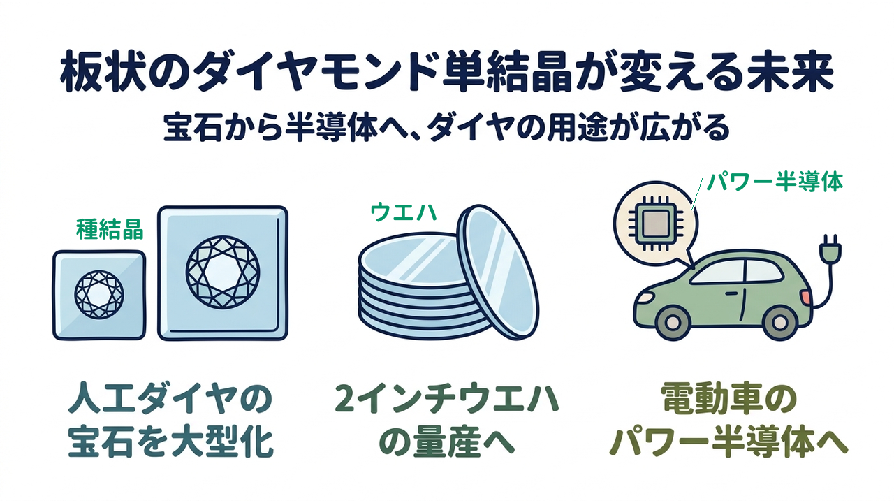 板状のダイヤモンド単結晶が変える未来|宝石から半導体へ、ダイヤの用途が広がる/人工ダイヤの宝石を大型化/2インチウエハの量産へ/電動車のパワー半導体へ